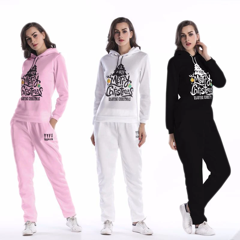 

Autumn New Two Piece Sports Suit Merry Christmas Print Large Size Women's Suit Loose Hooded Sweater Trousers Women Clothes