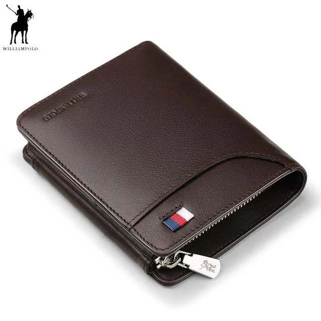 

WILLIAMPOLO Genuine Leather Men Wallets Luxury Brand Trifold Wallet Zip Coin Pocket Purse Cow Leather Wallet Mens Polo297
