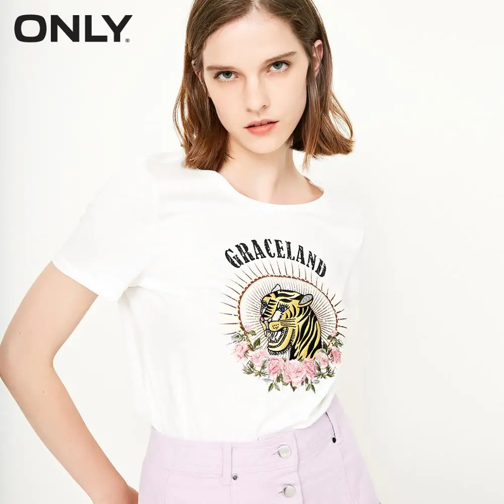 

ONLY Women's 100% Cotton Tiger Embroidery Slim Fit T-shirt |118201642
