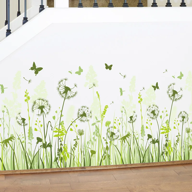 

[shijuekongjian] Green Dandelion Skirting Stickers Flower Wall Decals for Living Room Baseboard Sticker Decoration Muursticker