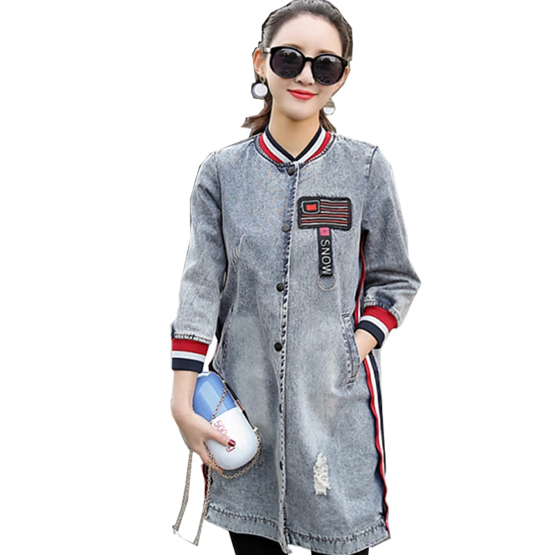 

2019 Denim jacket female long section spring and autumn new fashion embroidery worn loose loose wild cowboy windbreaker