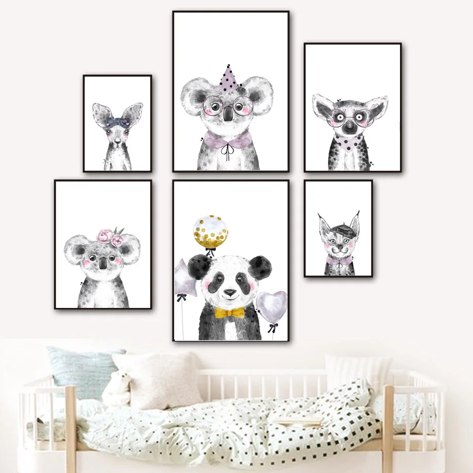 

Lovely Balloon Flower Panda Koala Wall Art Canvas Painting Cartoon Nordic Posters And Prints Boy Wall Pictures For Kids Room