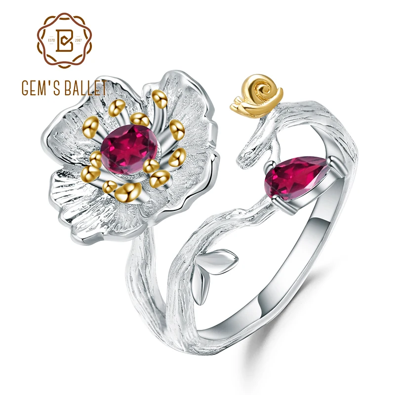 

GEM'S BALLET Natural Rhodolite Garnet Ring 925 Sterling Silver Handmade Blooming Poppies Flower Rings for Women Fine Jewelry