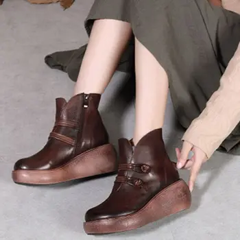 

Spring autumn new leather women's shoes casual retro Booties women's waterproof platform thick bottom wedge handmade single sho