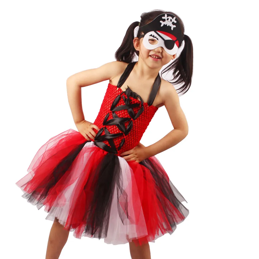 Kids Girls Pirate Tutu Costume Halloween Tutu Dress Skull Pattern Children Summer Dress with Mask Cosplay Party Clothing (12)