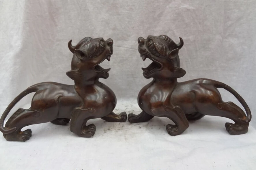 

song voge gem S3703 10" Chinese Bronze Guard FengShui Wealth PiXiu Fly Dragon Unicorn Statue Pair