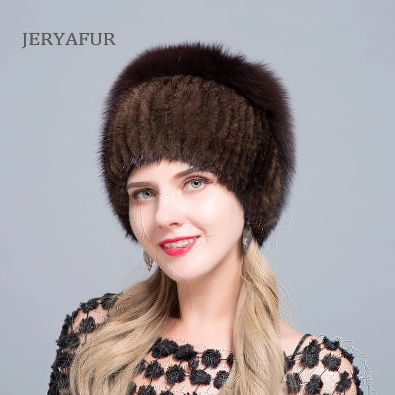 JERYAFUR, новые модные зимние шляпы для женщин, меховая шапка из натуральной норки, женские Лоскутные Шапки из лисьего меха, смешанные цвета, внутренние вязаные шапки, теплые - Цвет: COLOR5