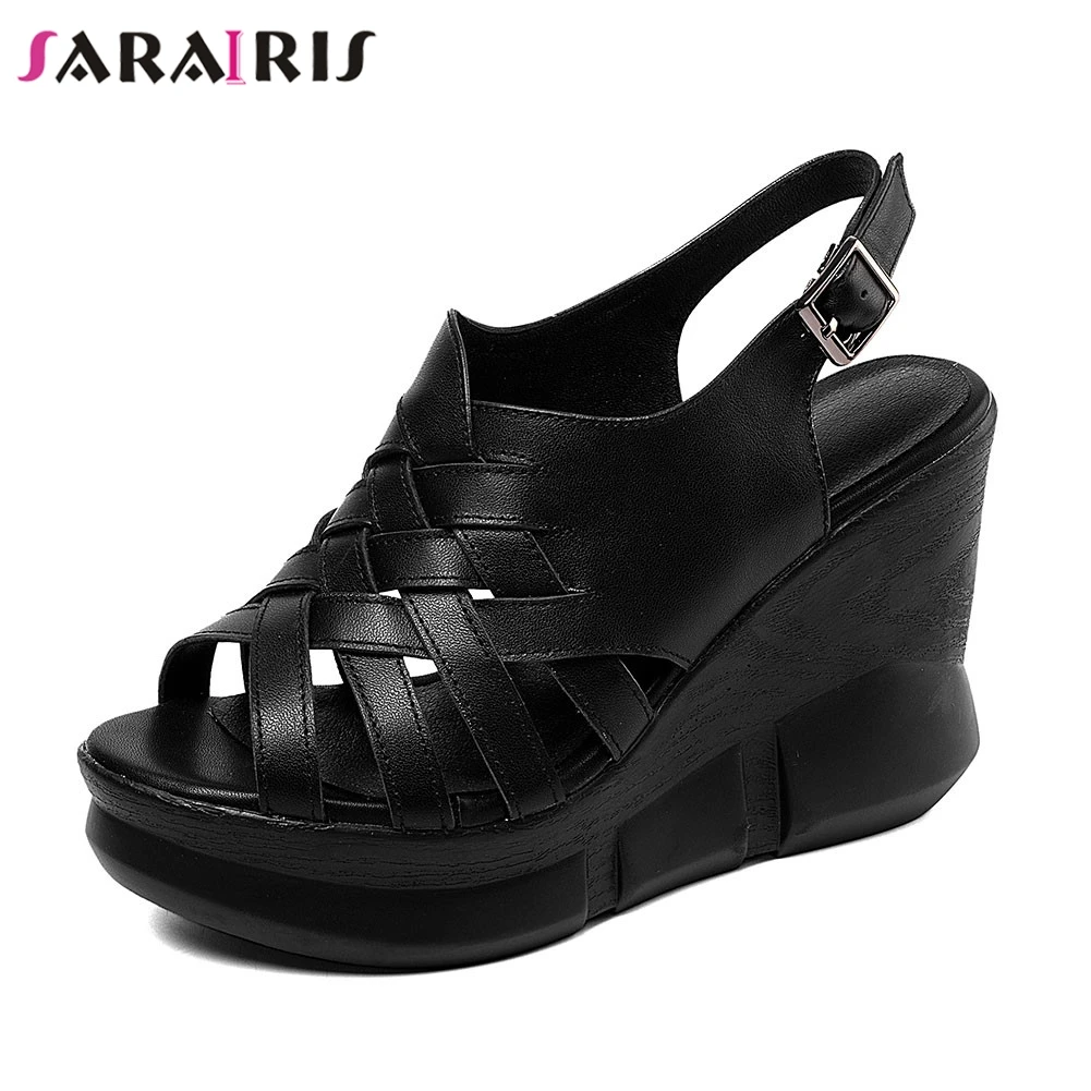SARAIRIS/Новые Брендовые женские туфли из натуральной кожи на танкетке и высоком каблуке, туфли на плоской платформе, женские повседневные