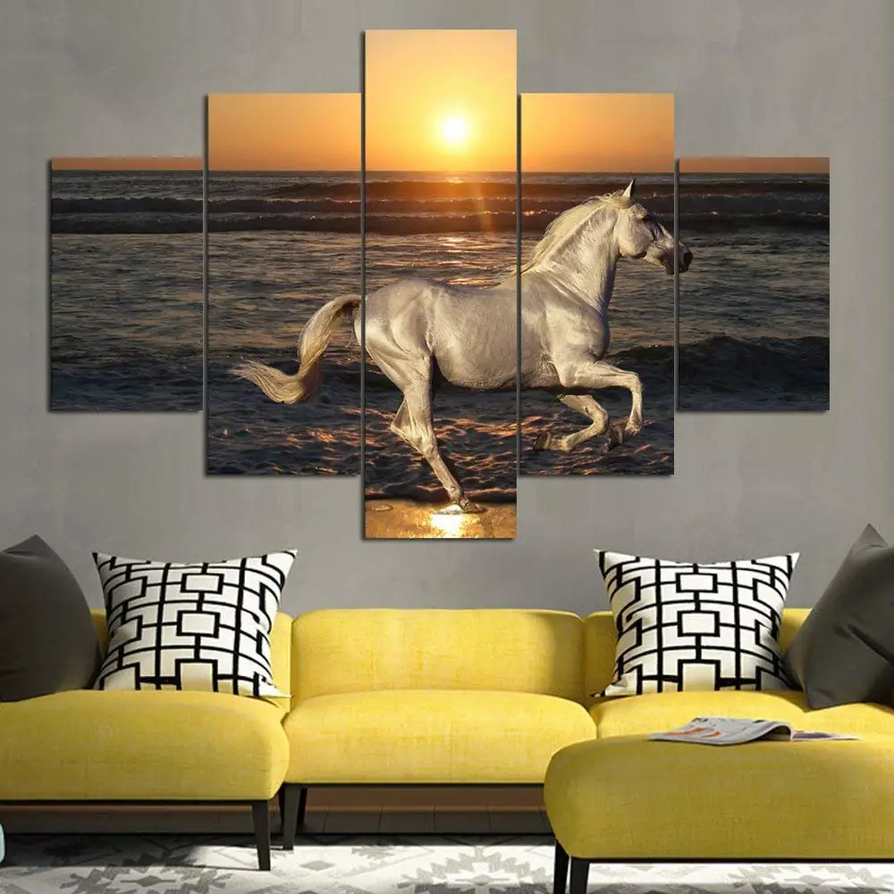 5 Panel Modular Picture White Horse Beach Sunset Seascape Landscape