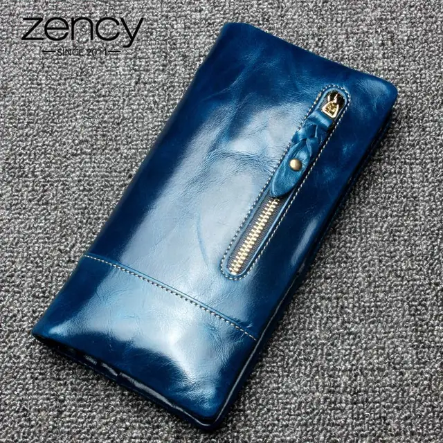 Zency Luxury Brown Women Long Purse 100% Genuine Leather Coin Pocket More Card Holders High Quality Standard Wallet Blue Purple