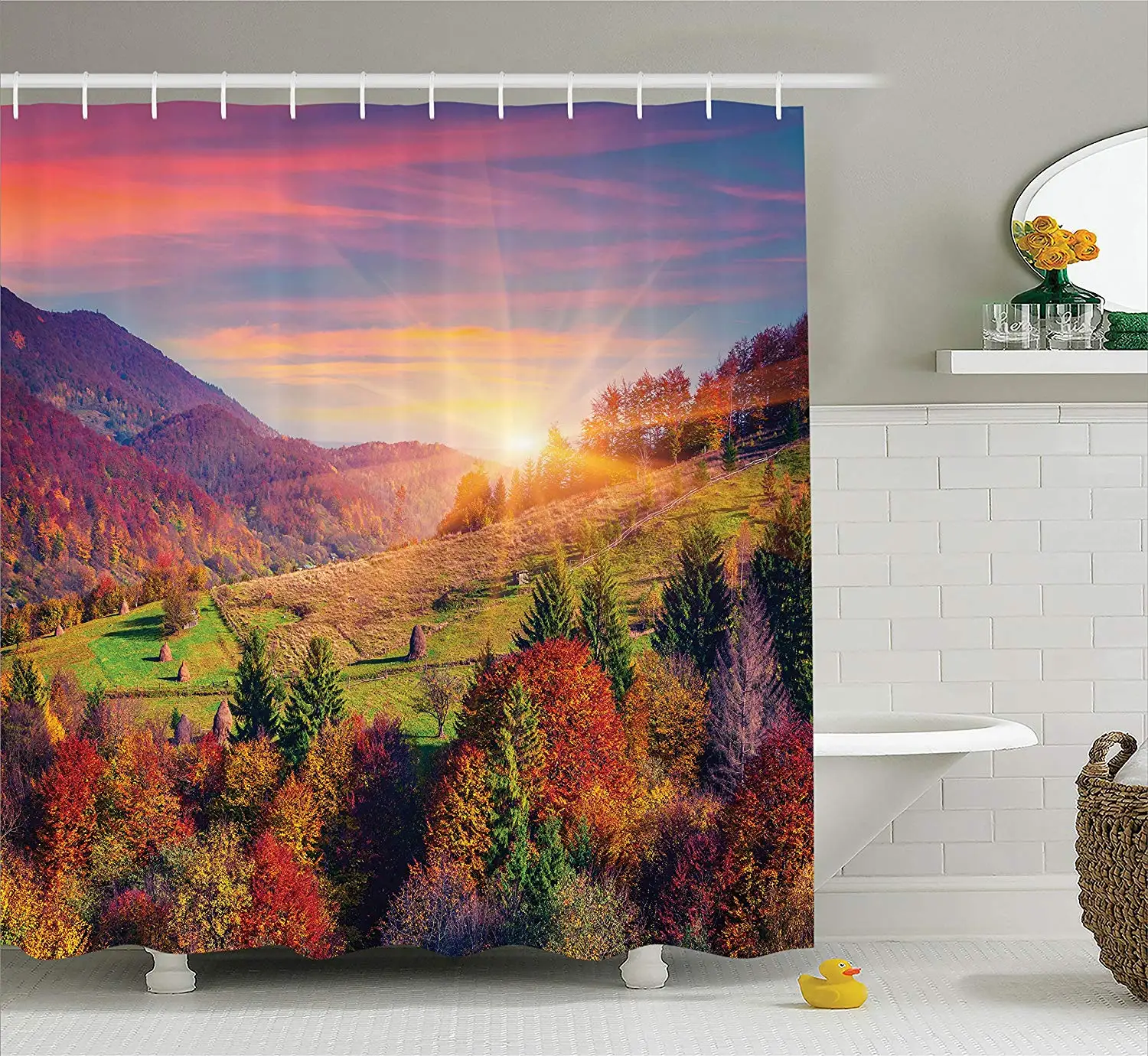 Nature Landscape Decor Shower Curtain Pastoral Autumn Morning in Mountain Village Fall Tree