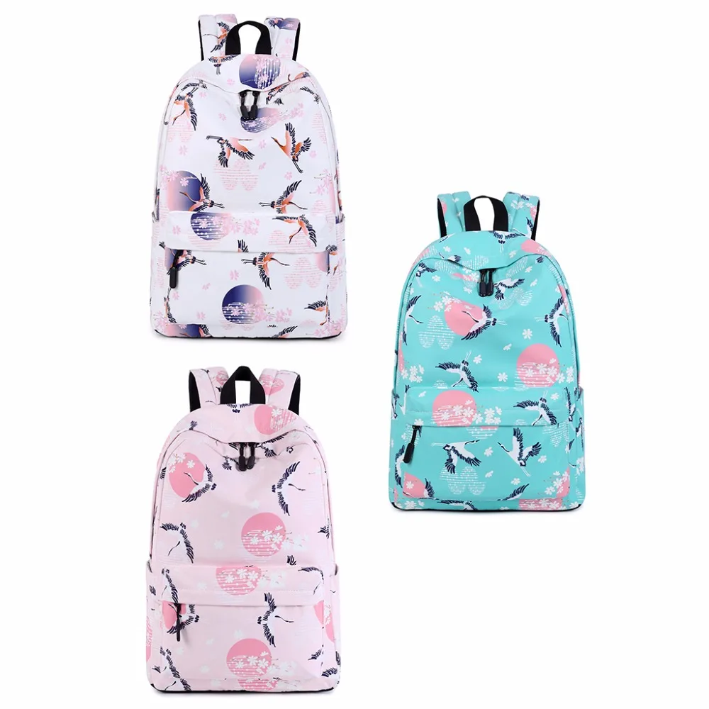 

THINKTHENDO Waterproof School Bag Travelling Laptop Backpack Large Capacity Bird Crane Print Fashion 2018