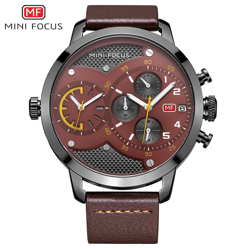 

MINI FOCUS Dual Time Chronograph Men's Quartz Sports Watches Men Brand Luxury Big Analog Clock Male Leather Military Wrist Watch