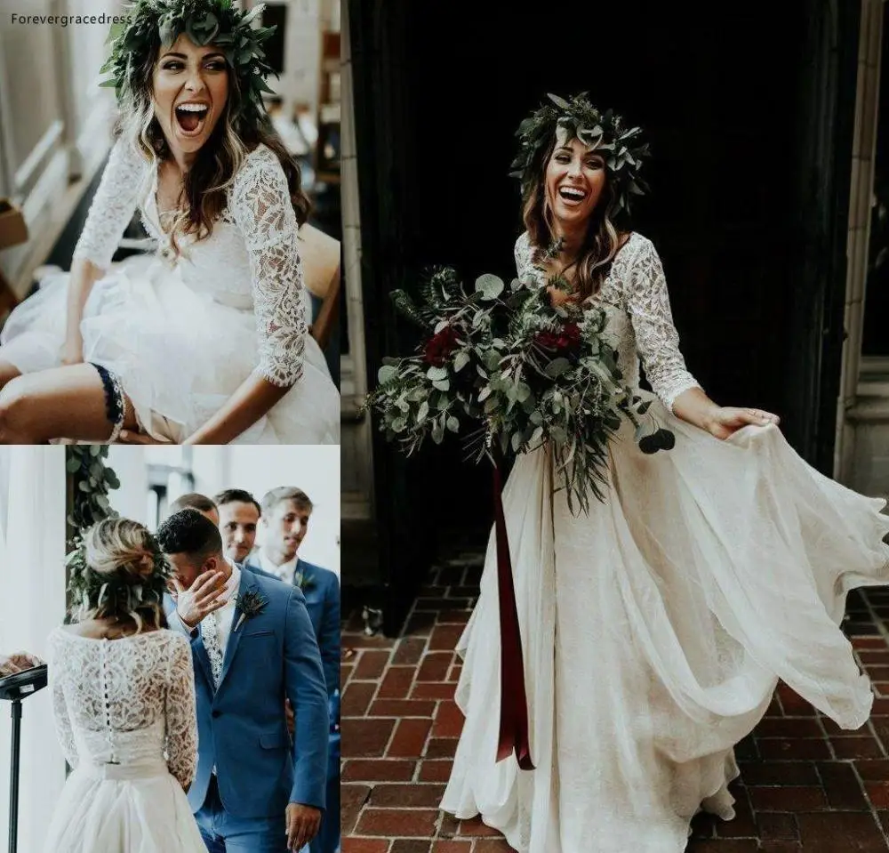 

Cheap Long Sleeve Boho Wedding Dress Two Pieces A Line V Neck Bohemian Beach Country Garden Bridal Gown Custom Made Plus Size