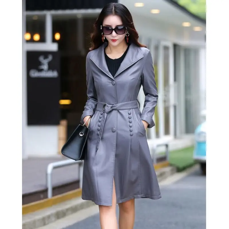 Nouveau 2018 Vent Dame Noir lavande Cuir Long Costume De Collier Femmes Automne Tranchée Slim Locomotive En Manteau breasted Mode Single Veste gris UqnW5rUxH