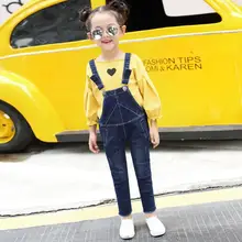 Джинсовые комбинезоны для маленьких девочек коллекция года, весенние модные джинсовые комбинезоны в Корейском стиле милые джинсовые штаны с двойным карманом и лямками для девочек Y736