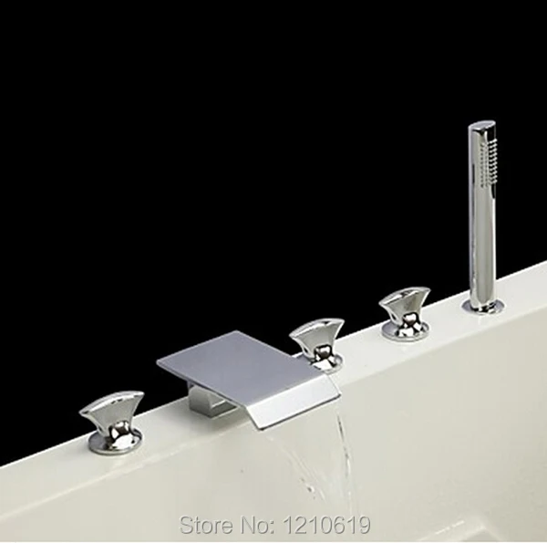 Newly 5PCS Bathtub Faucet Waterfall Spout Three Handles w/ Handheld Shower Sprayer Tub Faucet Mixer Tap Deck Mounted