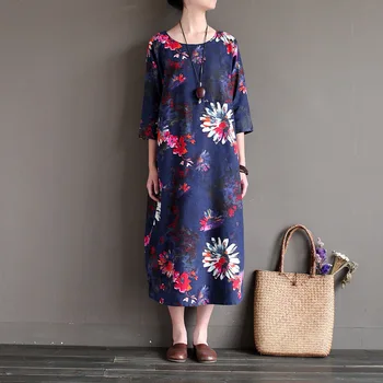 

New Fashion Soft Cotton Linen Long Women Summer Dress Casual Printed Floral Dresses Plus Size O Neck blue red green Loose dress