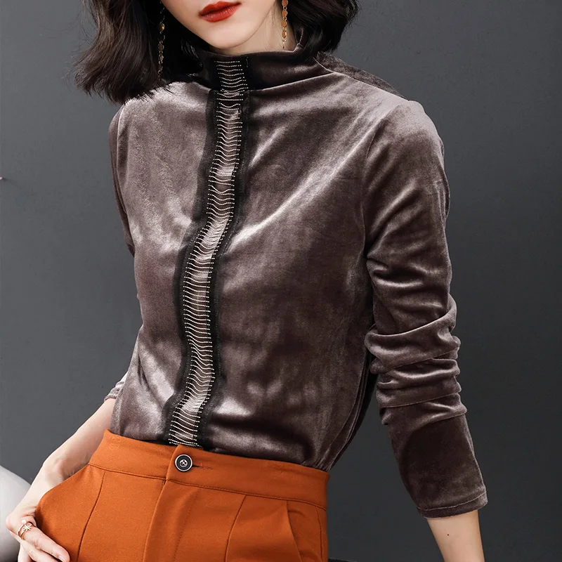 

Fashion Women Blouse 2018 Autumn Vogue Elasticity Velvet Slim tunic shirt Long Sleeve Turtleneck Beading Womens Tops and Blouses