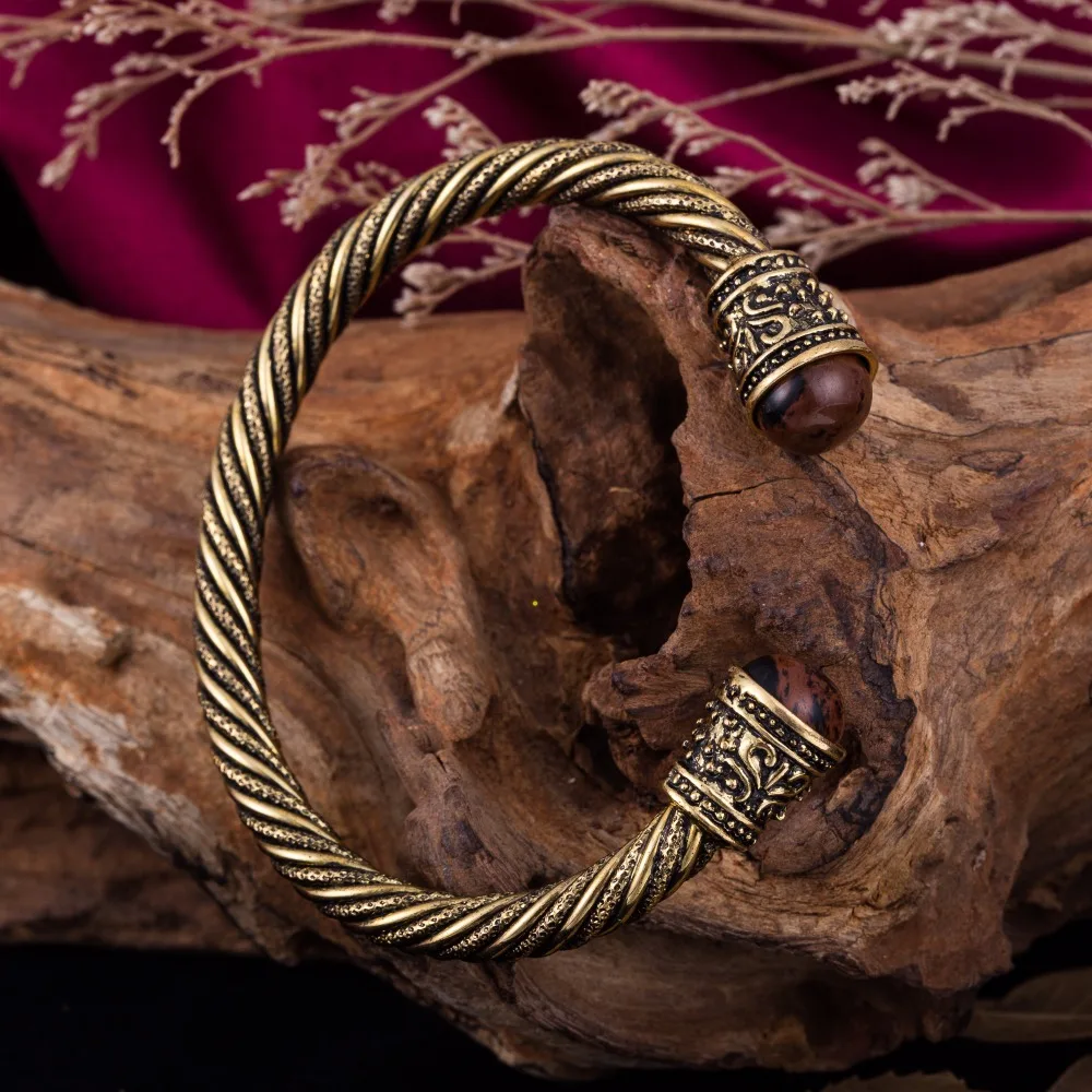 

Dawapara Wooden Head Viking Bangles Antique Gold Color Indian Jewelry Supernatural Pagan Metal Bracelets Gifts for Men