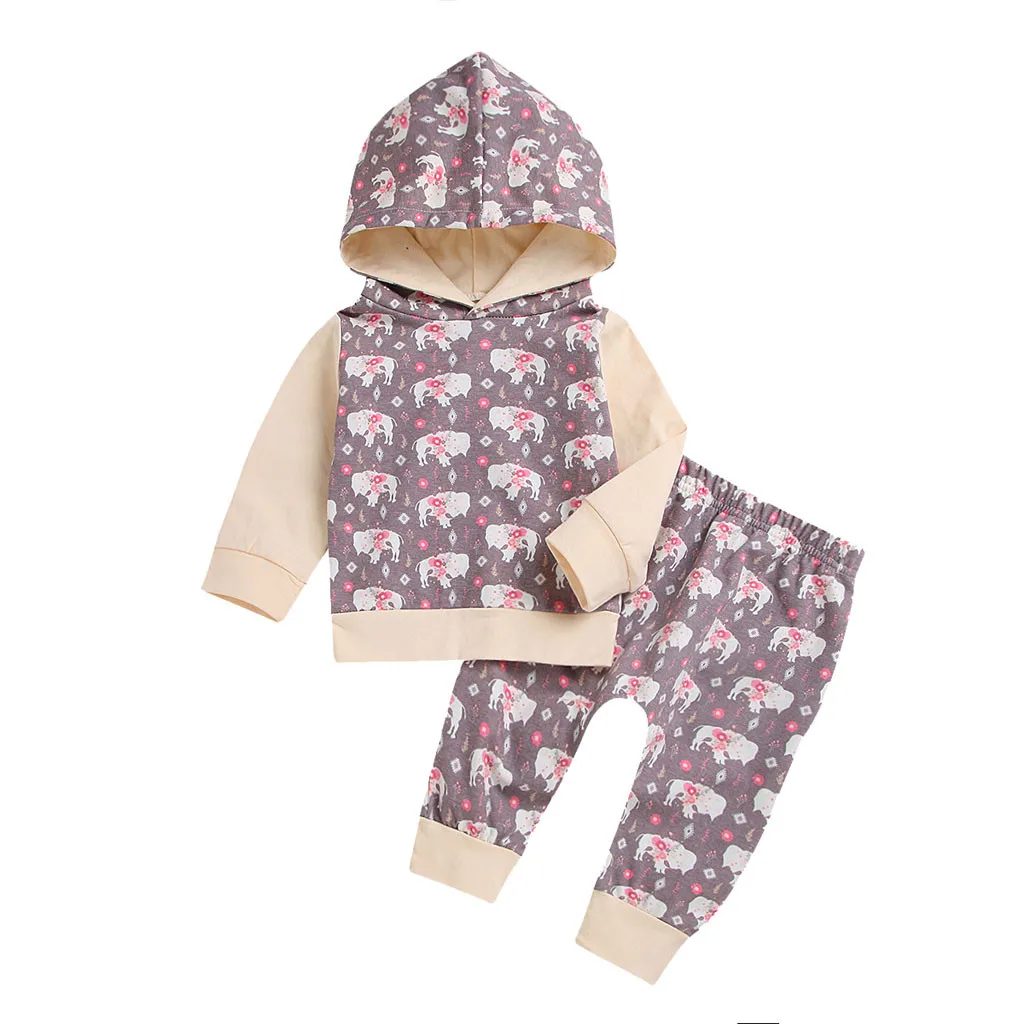 Toddler Baby Boys Girls Long Sleeve Animal Print Hooded Tops+Pants Outfit Set Baby Girls Boys Hooded Sweatsuit Clothes Set