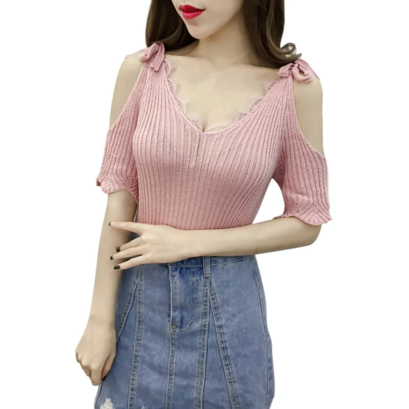 Летняя модная Женская Сексуальная футболка с открытыми плечами, короткий рукав, однотонная Кружевная футболка с открытой спиной, женские вечерние трикотажные футболки с v-образным вырезом - Цвет: Розовый