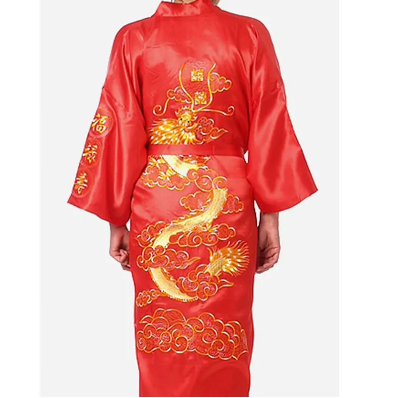 Темно-синий китайский Мужской Атласный шелковый халат с вышивкой кимоно банное платье Ночная рубашка с драконом Размеры S M L XL XXL XXXL - Цвет: Красный