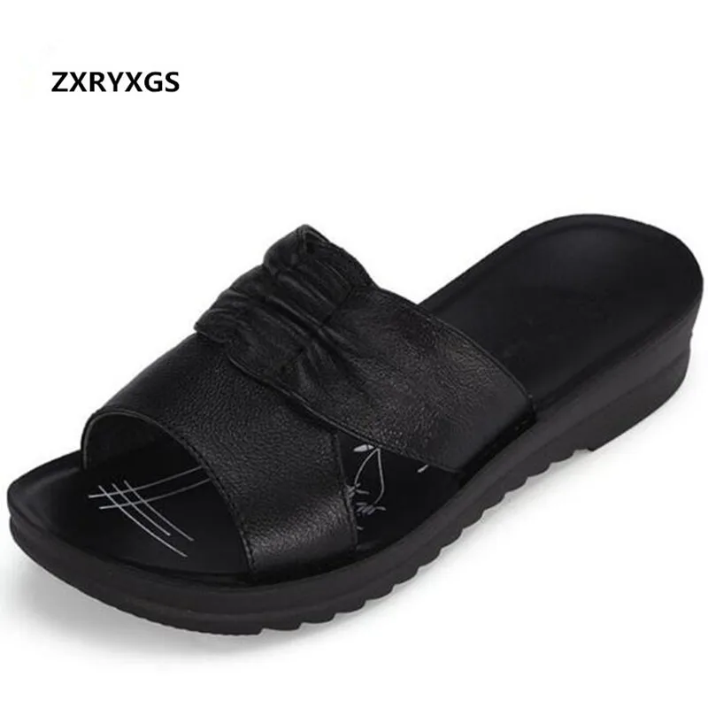 

Hot 2019 New Open Toe Women slippers Summer Sandals Cow Leather Shoes woman Non-slip Flat Sandals Women Shoes Sandals slippers