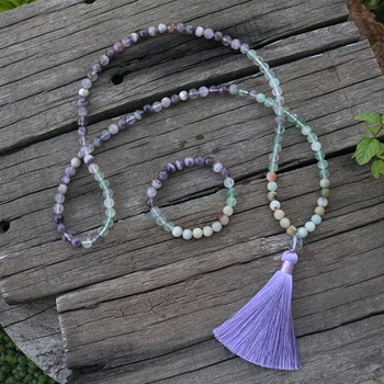 

100% 8mm Natural Stone Beads, Fluorite,Flower Amethyst,Amazonite,JaPaMala Sets,Yoga,Spiritual Jewelry,Meditation, 108 Mala Beads