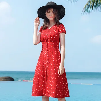 

Vintage polka dot print chiffon dress summer 2020 new fashion women ladies v-neck elegant short sleeve slim dress red