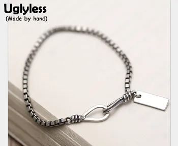 

Uglyless Real S925 Sterling Thai Silver Unisex Box Chain Bracelets Blank Square Flake Charms Bracelet Cool Fine Jewelry Handmade