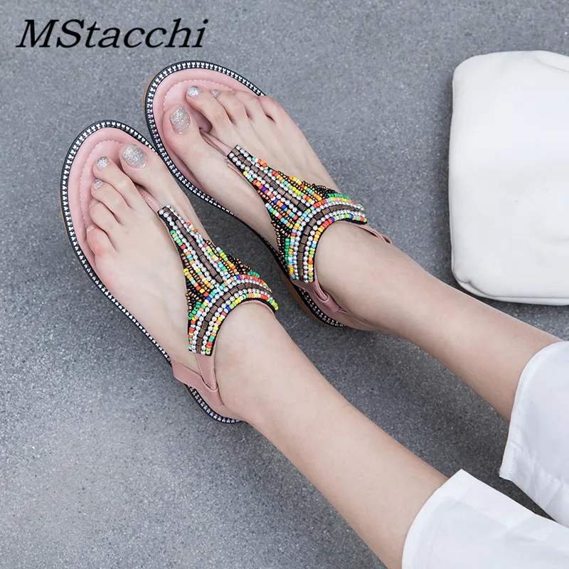 

MStacchi Summer High Quality Women Sandals 2019 New Fashione Bohemia String Bead Comfortable Non-Slip Soft Bottom Flat Women