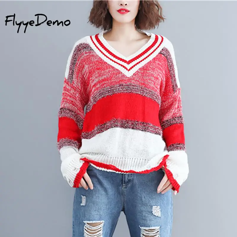 Women Fashion Hole Sweater Basic Striped V Neck Loose Long Sleeve Candy Colors Pullovers Female Sweet Tops Free Size | Женская одежда