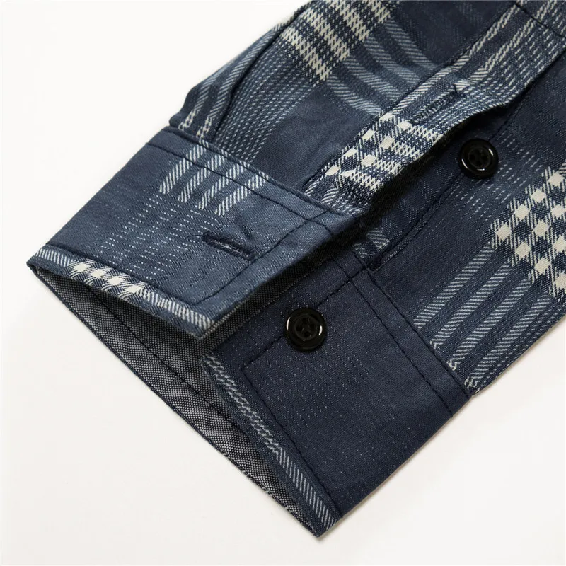 Fredd Marshall 2018 New Brand Men's Cotton Denim Patchwork Plaid Long Sleeve Shirt  Male Business Social Shirts Men Clothing Plus Size (3)