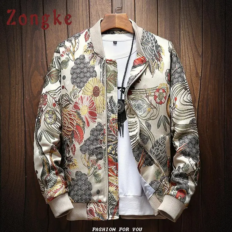 Zongke Новая Осенняя зимняя повседневная мужская куртка, японское приталенное пальто с вышивкой, куртка-бомбер, Мужская ветровка, мужские пальто M-5XL - Цвет: White