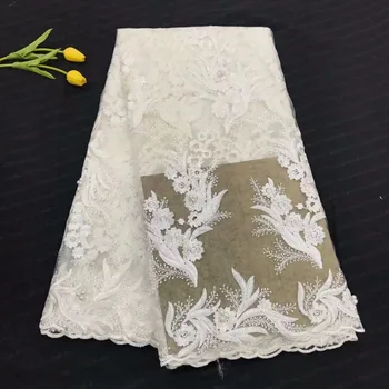 

African lace 3D applique fabric, high quality beaded lace African French chiffon lace, white wedding dress YYZ678-23