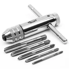 Adjustable T Handle Ratchet Tap Wrench with 5pcs M3-M8 Metric Screw Thread Plug Tap Holder 3mm-8mm Set Reversible Silver