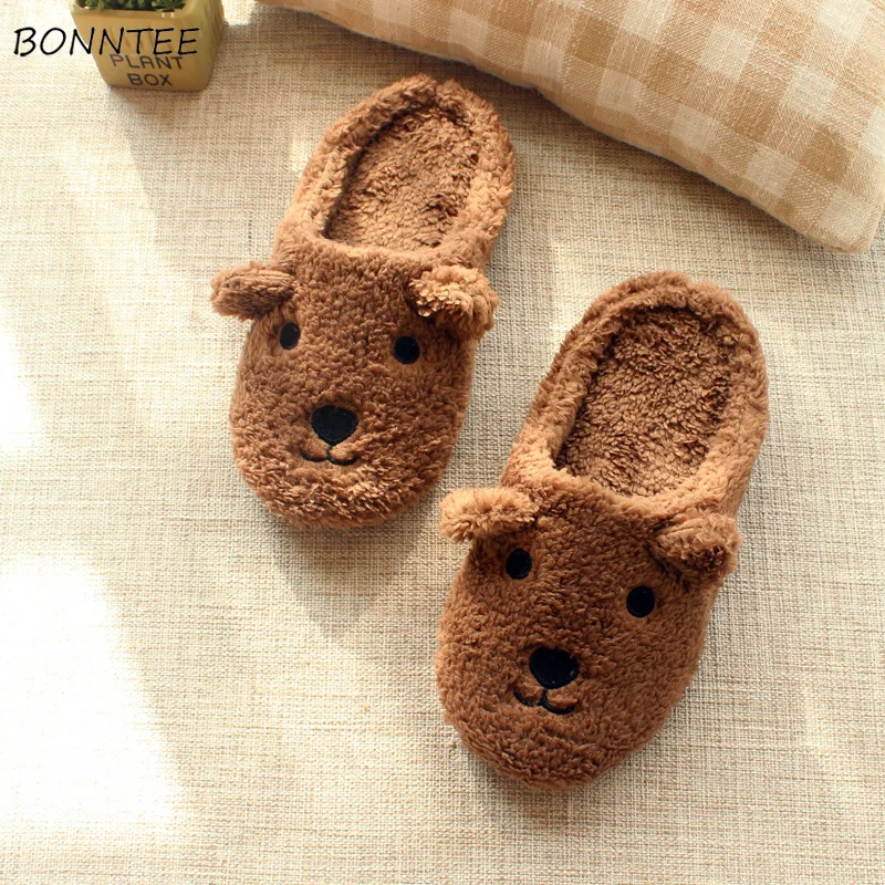 

Winter Slippers Women Fashion Thick Soft Indoor Floor Shoes Womens Cute Plush Bear Shape Slipper Brown Simple Leisure Non-slip
