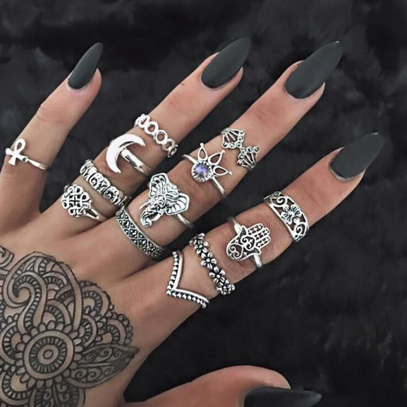 

SR:FINEJ 13pcs/set Vintage Moon Elephant Ring Sets Boho Midi Bohemia Beach Hollow Hand Jewelry Turkish Knuckle Rings For Women