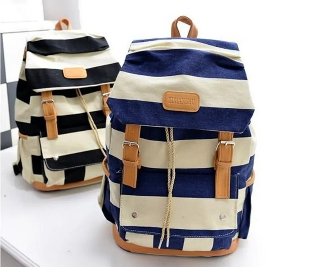 

New pure and fresh fashion stripe backpack draw string canvas backbag for students free shippment LY1802
