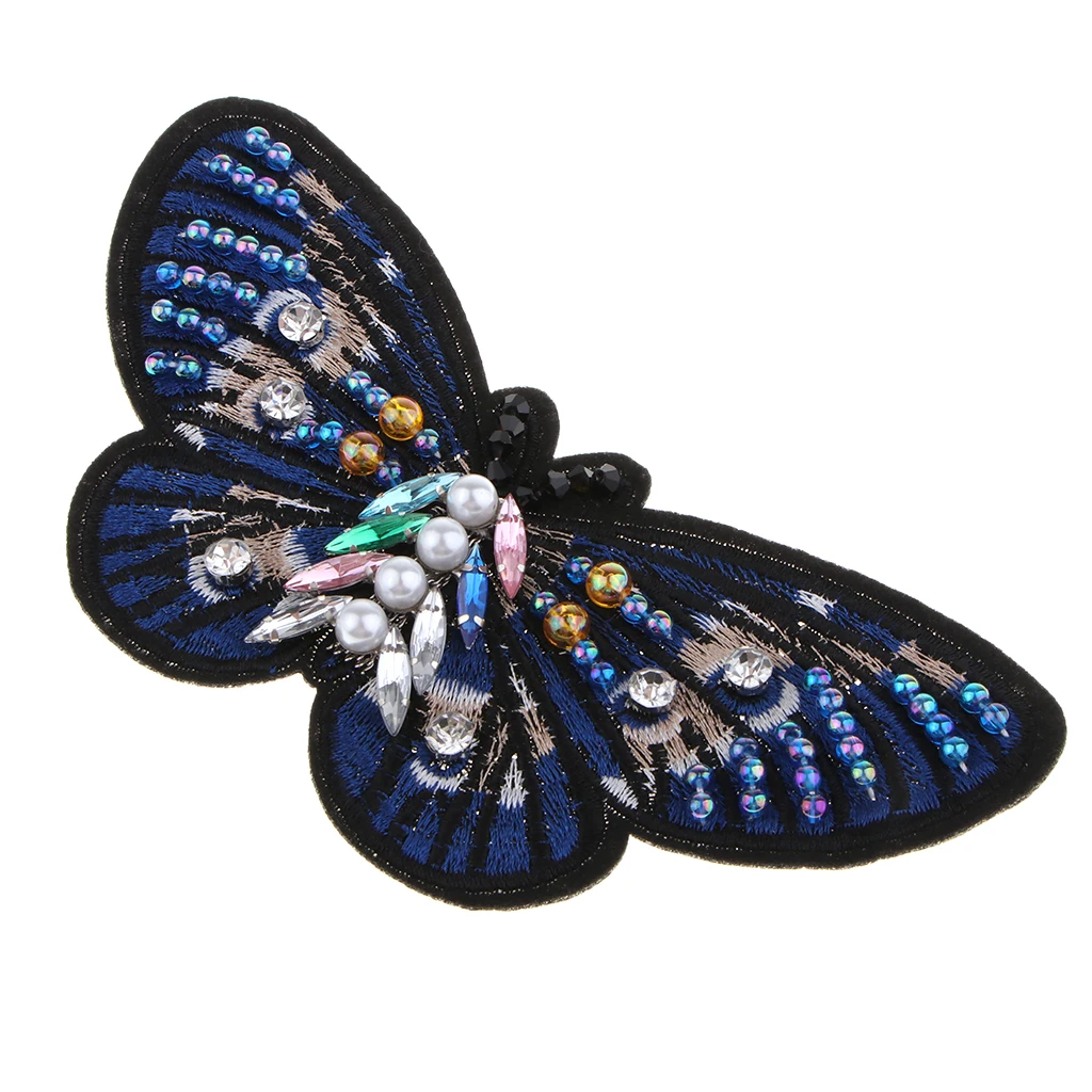 Crystal Pearl Beaded Patches Butterfly Style Clothes Embellishments Embroidery Applique Decorations for Repair/Design
