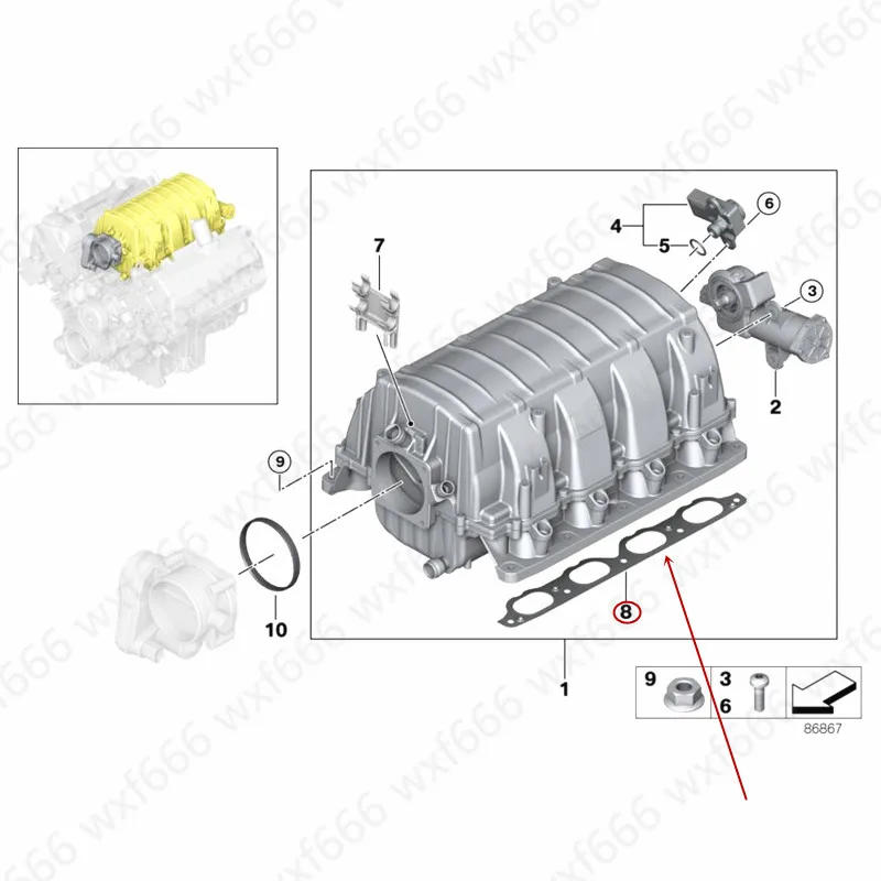 

11617521181 Car Intake manifold pad Metal gasket Suitable for E53b mwE66 M62 X5 4.4 4.8 735LI 745LI 2004-2006 Seals