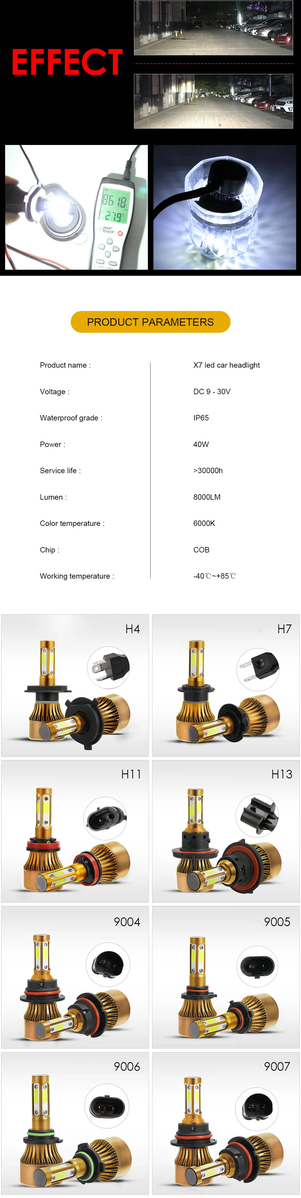 EURS 2 шт. X7 светодиодный фар 4 стороны COB Чип 40 Вт 8000LM H1 H3 H7 9008 9005 9006 9004 H7 светодиодный H4 H13 машина головная лампа 6000 К авто лампы