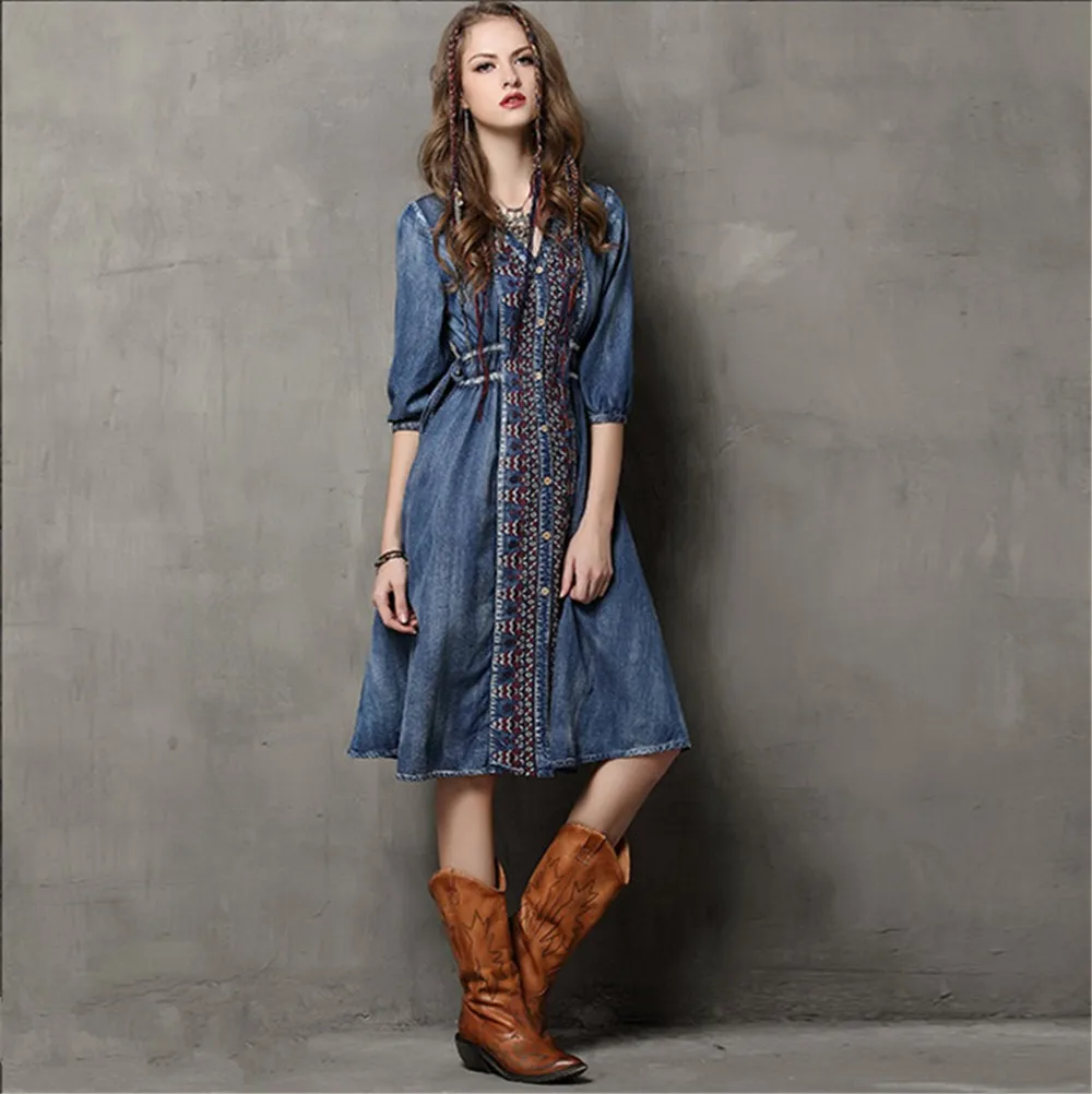 Summer-Fall Cow Vestidos Vintage V-Neck Cotton Dress Half Sleeve A-Line All Match Drawstring Loose Women Embroidery Dresses (4)
