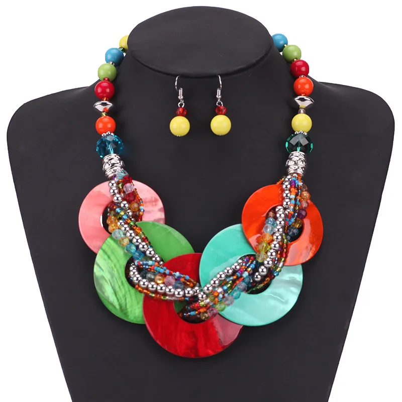 

New Bohemian Fashion Hot Beaded Necklace and Earrings Set Colorful Shellfish Collars Boho Shell Jewelry Sets for Women Duftgold