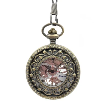 

Classic Steampunk Bronze Tone Hollow Case Hand Wind Mechanical Style Roman Number Diall Mens Pocket Watch Half Hunter Watch Gift