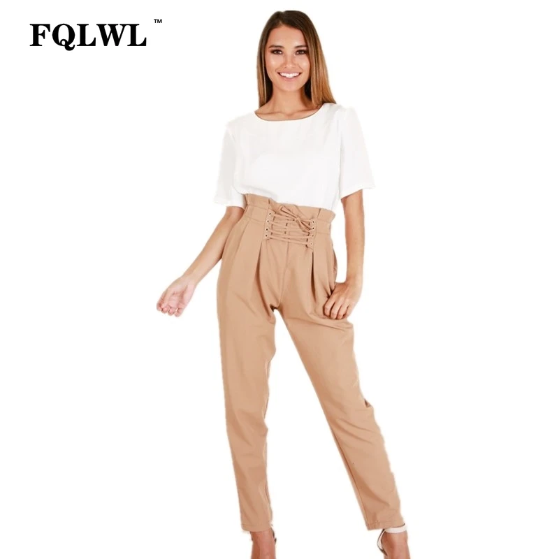 FQLWL Paperbag Harem Pants Women High Waist Pockets Khaki