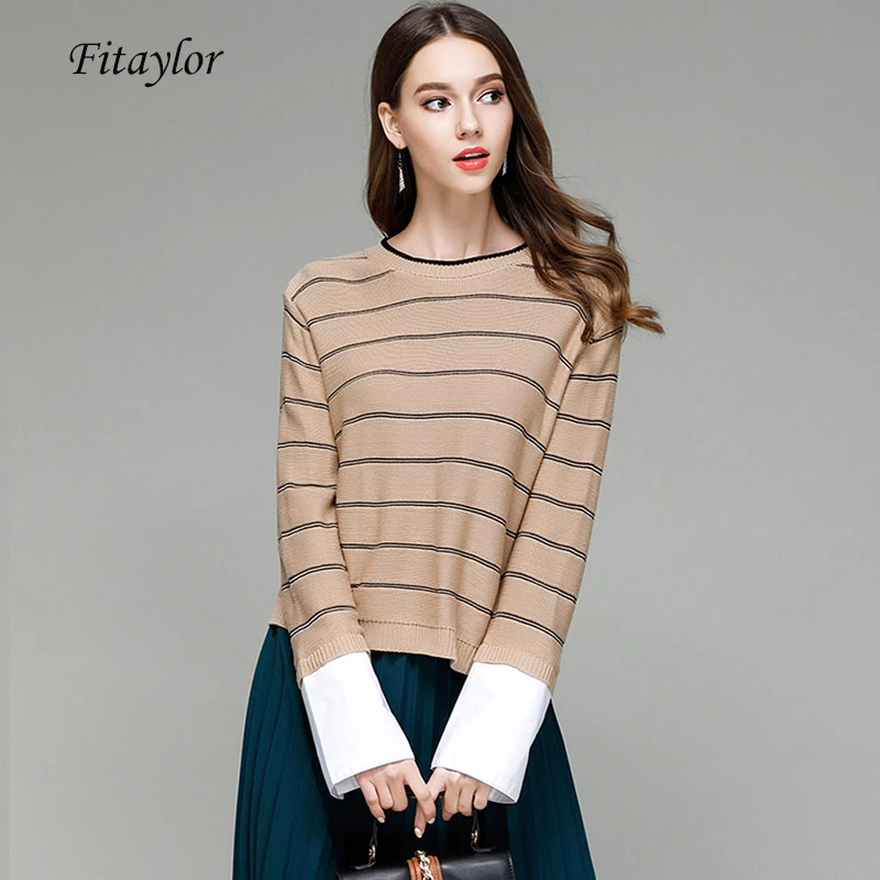 

Fitaylor O Neck Long Sleeve Spring Women Knitted Pullover Casual Slim Female Striped Knitted Tops Patchwork Shirt Sleeve Tops