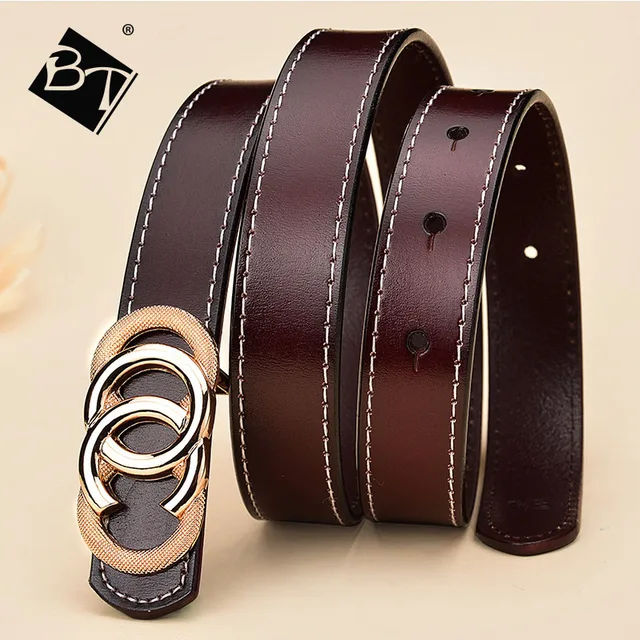 Newest Gold Round buckles genuine leather flat belts female leisure