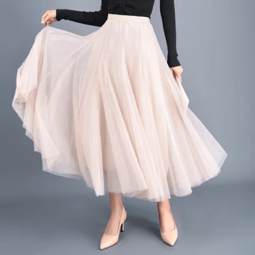 Сезон весна-лето-осень; Тюлевая юбка сером и коричневом цвете бежевый, Розовый Черный Длинные юбки для женщин женские элегантное котельное макси юбка